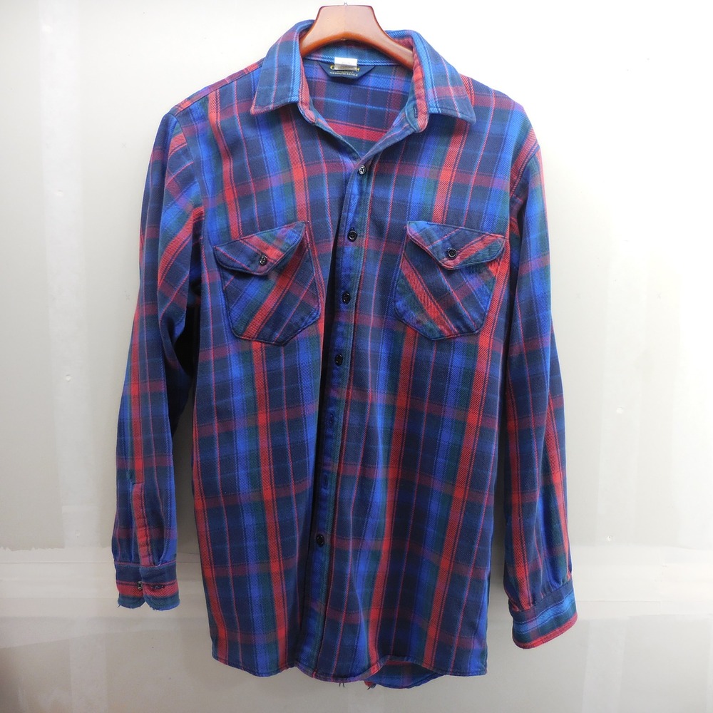 Vintage OshKosh Bgosh Flannel Shirt Mens Large Blue Red Plaid Distressed Cotton